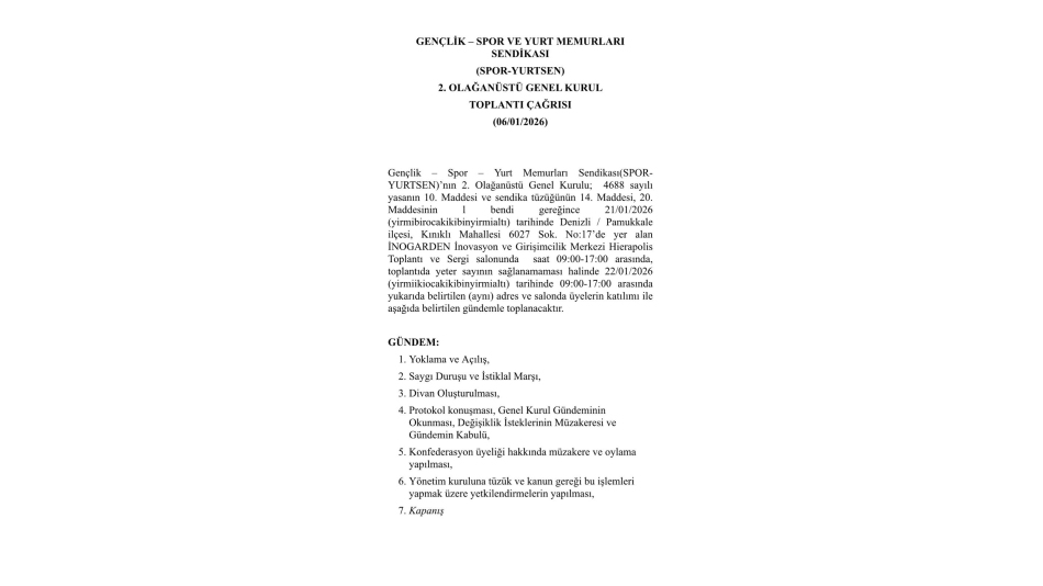 OLAGANÜSTÜ GENEL KURUL DUYURUSU